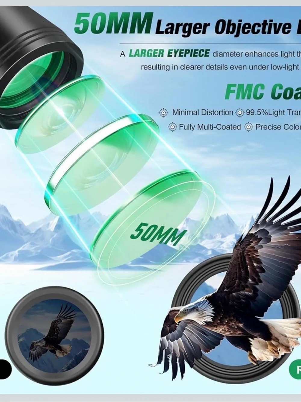 20x50 Black Binoculars with 26mm Eyepieces